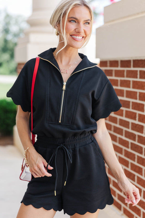 Off Duty Darling Black Scalloped Romper