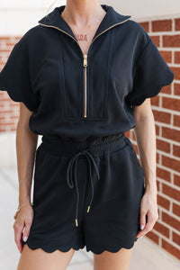 Off Duty Darling Black Scalloped Romper