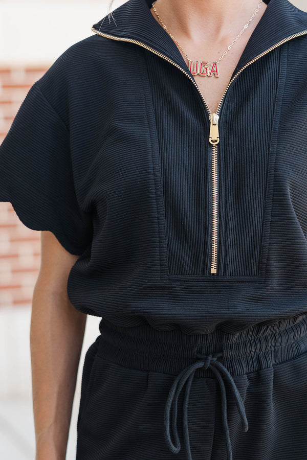 Off Duty Darling Black Scalloped Romper