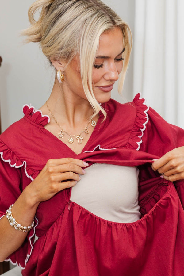 NURSING COLLECTION: No Second Guessing Burgundy Scalloped Dress
