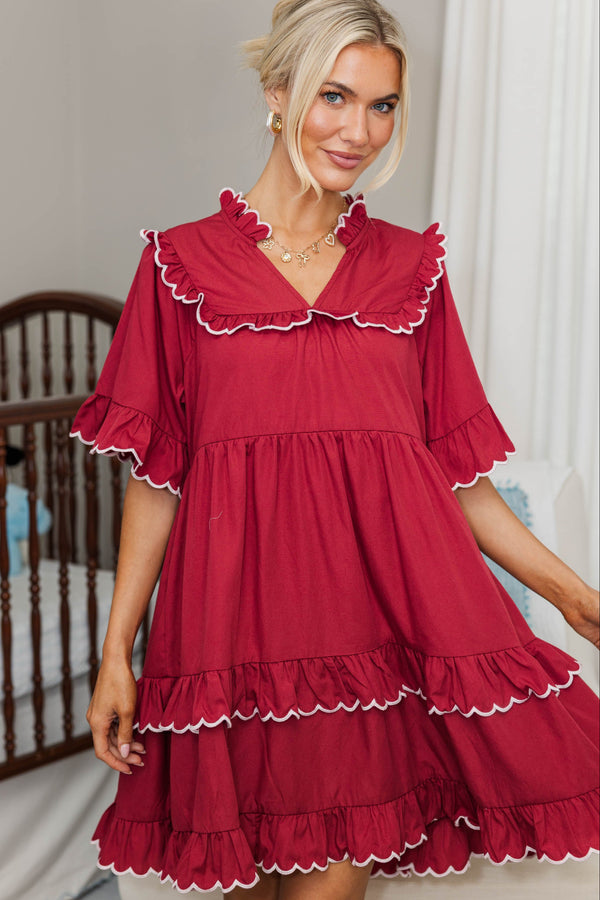 NURSING COLLECTION: No Second Guessing Burgundy Scalloped Dress