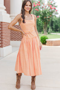If You Were Here Orange Gingham Drop Waist Dress