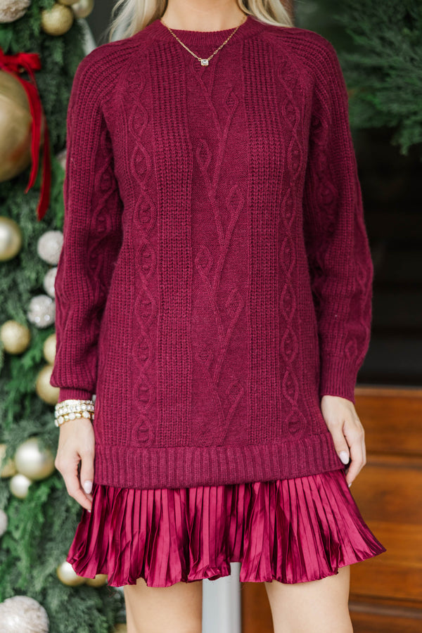 Satin Society Burgundy Pleated Sweater Dress