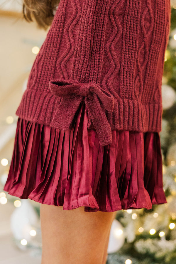 Girls: Satin Society Burgundy Pleated Sweater Dress