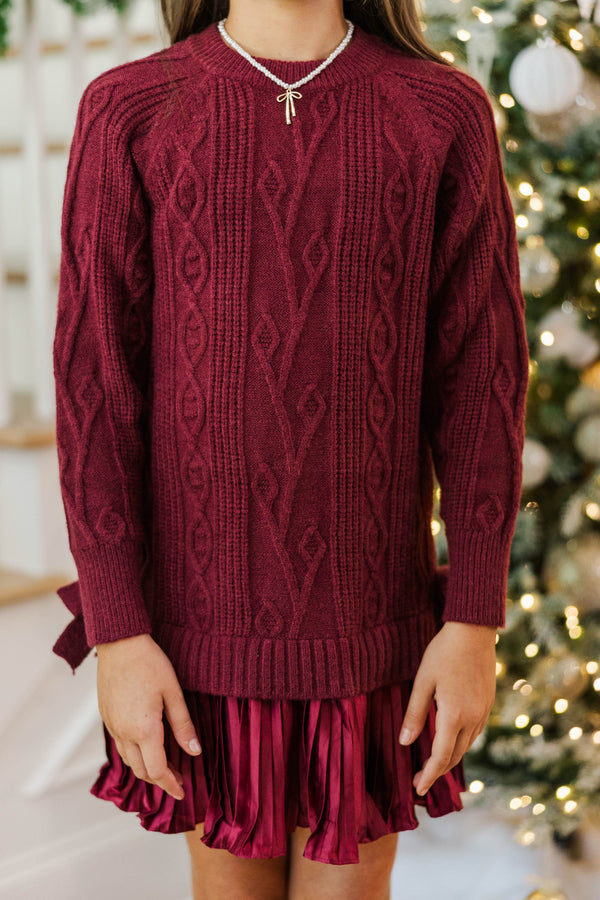 Girls: Satin Society Burgundy Pleated Sweater Dress