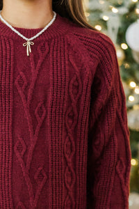 Girls: Satin Society Burgundy Pleated Sweater Dress