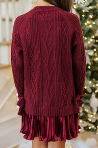 Girls: Satin Society Burgundy Pleated Sweater Dress