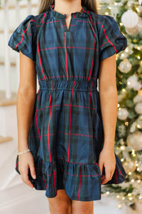Girls: Let's Get Going Navy Plaid Dress