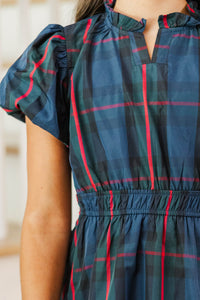 Girls: Let's Get Going Navy Plaid Dress