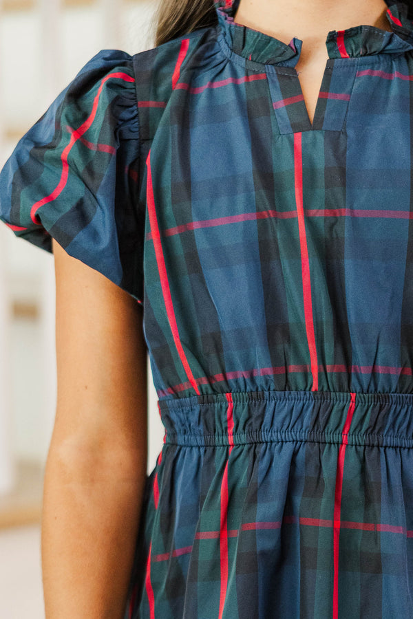Girls: Let's Get Going Navy Plaid Dress