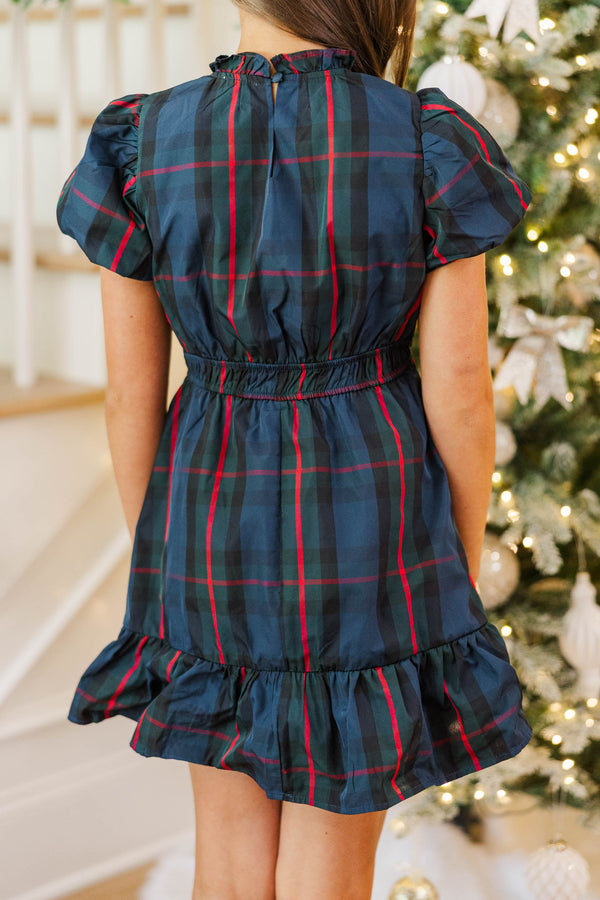 Girls: Let's Get Going Navy Plaid Dress