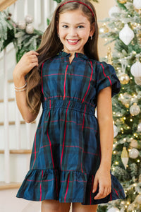 Girls: Let's Get Going Navy Plaid Dress