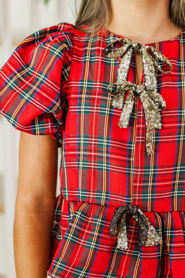 Girls: So Much Joy Red Plaid Blouse