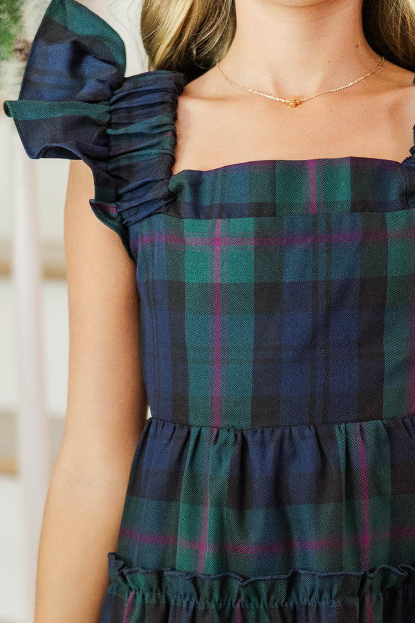 Girls: Think About It Navy Plaid Midi Dress