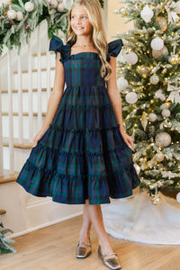 Girls: Think About It Navy Plaid Midi Dress