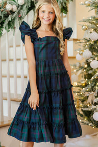 Girls: Think About It Navy Plaid Midi Dress