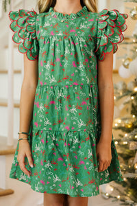 Girls: The Holland Emerald Bow Print Scalloped Dress