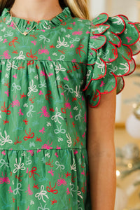 Girls: The Holland Emerald Bow Print Scalloped Dress