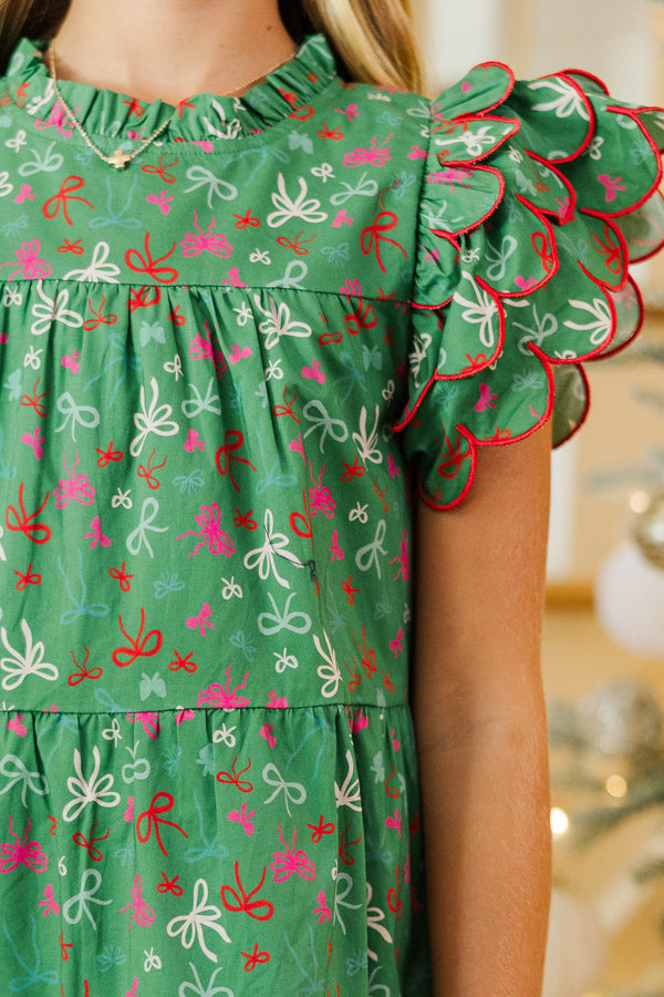 Girls: The Holland Emerald Bow Print Scalloped Dress