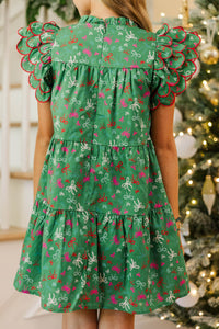 Girls: The Holland Emerald Bow Print Scalloped Dress