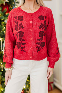Refined Comfort Red Embroidered Cardigan