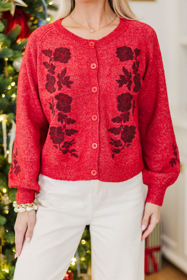 Refined Comfort Red Embroidered Cardigan
