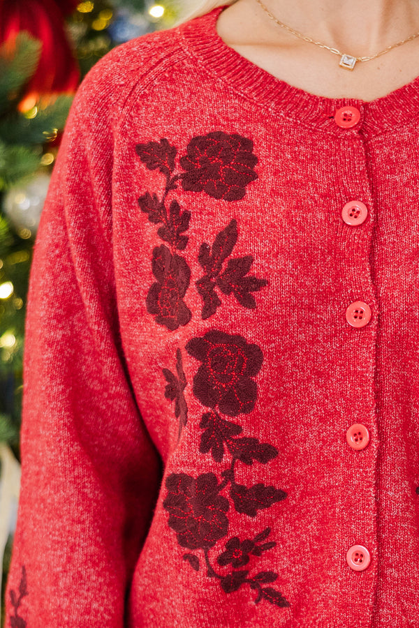 Refined Comfort Red Embroidered Cardigan