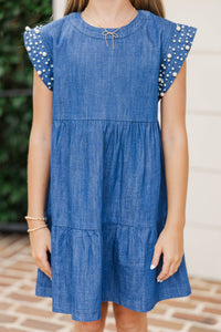 Girls: Radiant Glow Navy Pearl Embellished Dress