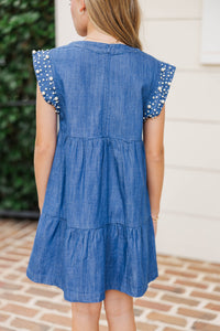 Girls: Radiant Glow Navy Pearl Embellished Dress