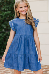 Girls: Radiant Glow Navy Pearl Embellished Dress