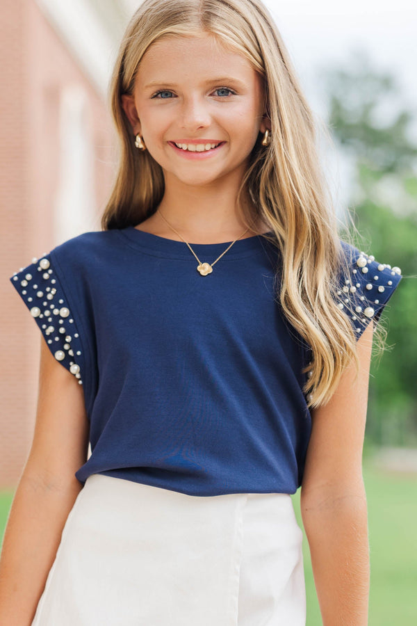 Girls: Cherish The Moment Navy Pearl Embellishment Top