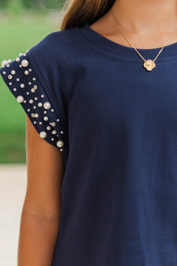 Girls: Cherish The Moment Navy Pearl Embellishment Top