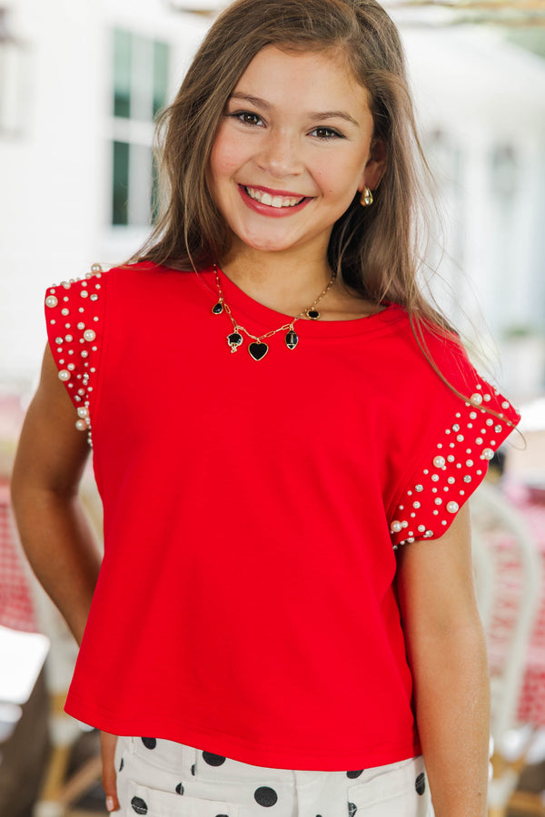 Girls: Cherish The Moment Red Pearl Embellishment Top