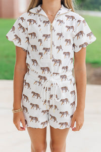 Girls: Off Duty Darling White Scalloped Tigers Romper