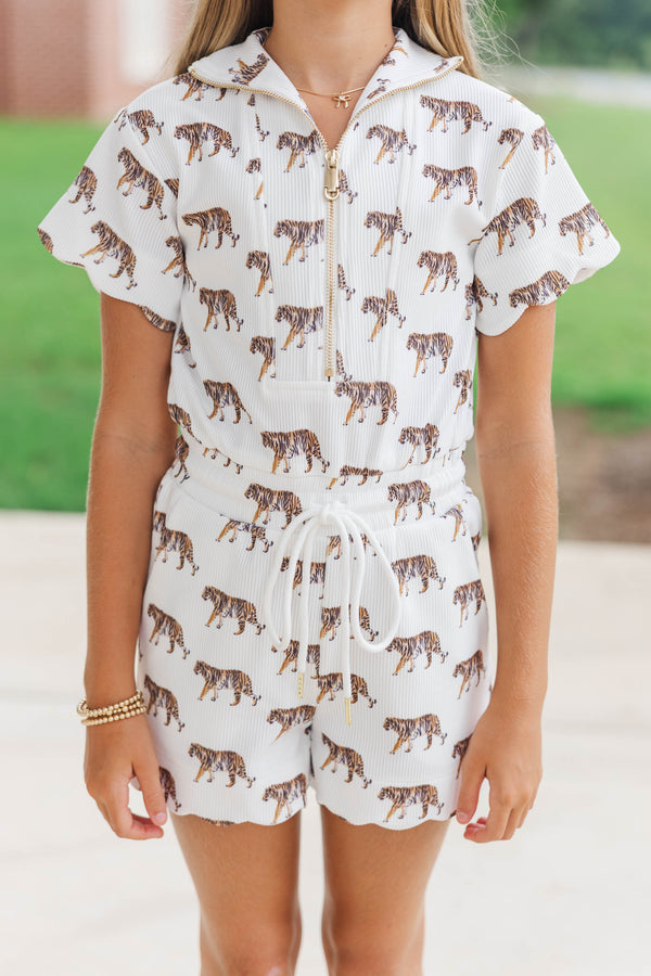 Girls: Off Duty Darling White Scalloped Tigers Romper