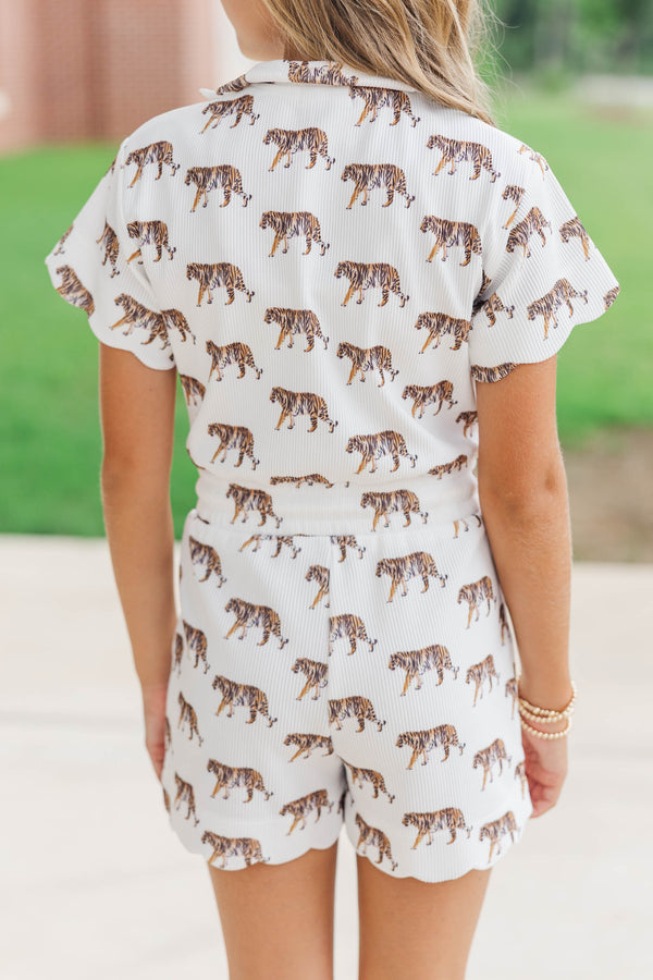 Girls: Off Duty Darling White Scalloped Tigers Romper