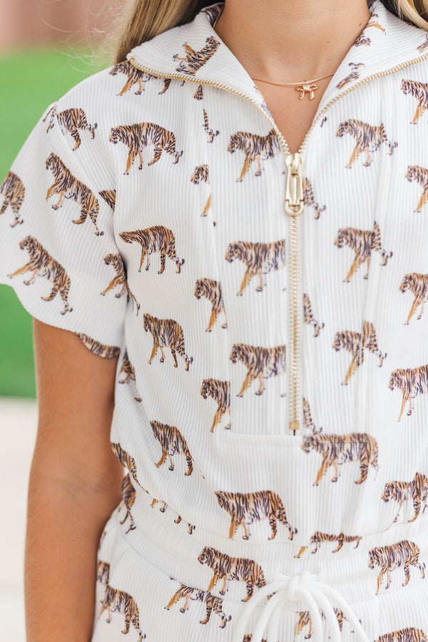 Girls: Off Duty Darling White Scalloped Tigers Romper