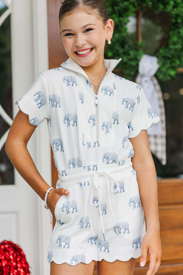 Girls: Off Duty Darling White Scalloped Elephant Romper