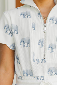 Girls: Off Duty Darling White Scalloped Elephant Romper