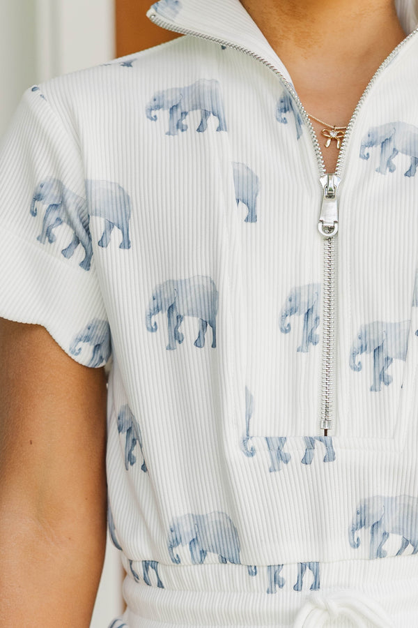 Girls: Off Duty Darling White Scalloped Elephant Romper