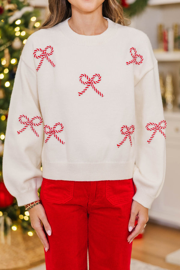 Twist Of Charm Cream & Red Bow Sweater