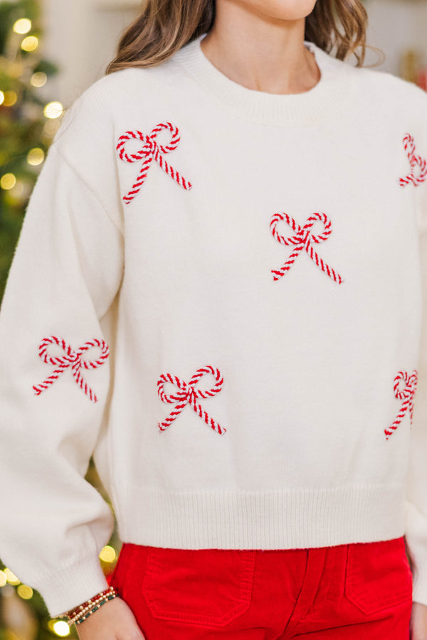 Twist Of Charm Cream & Red Bow Sweater