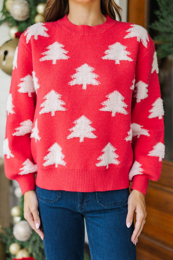 I'll Be There Red Christmas Trees Fuzzy Sweater