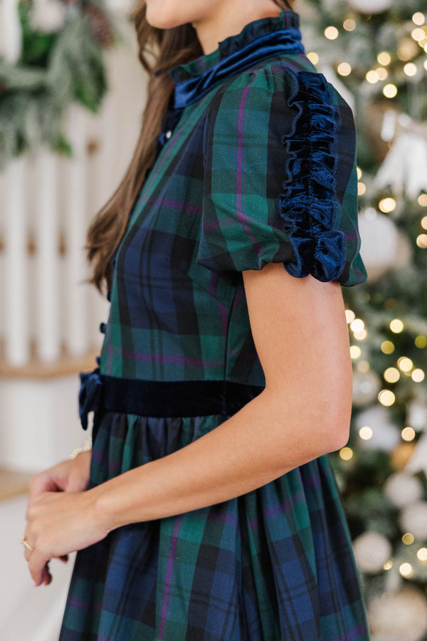 Going Home Navy Plaid Ruffled Dress