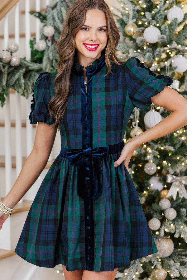 Going Home Navy Plaid Ruffled Dress