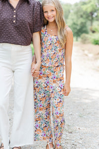 Girls: Little Trendsetter Brown Floral Smocked Jumpsuit