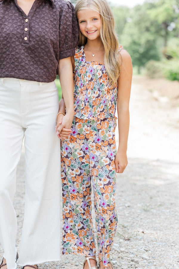 Girls: Little Trendsetter Brown Floral Smocked Jumpsuit