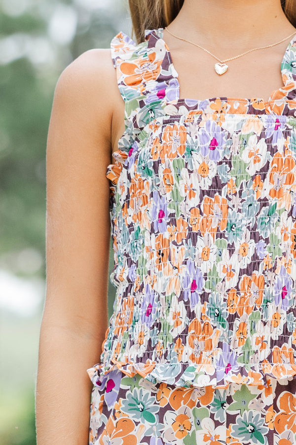 Girls: Little Trendsetter Brown Floral Smocked Jumpsuit