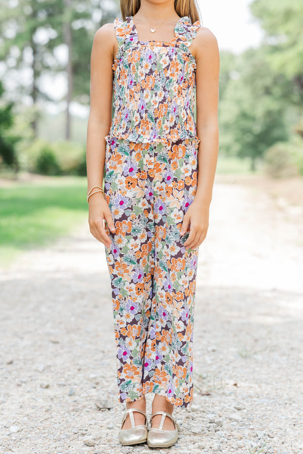 Girls: Little Trendsetter Brown Floral Smocked Jumpsuit