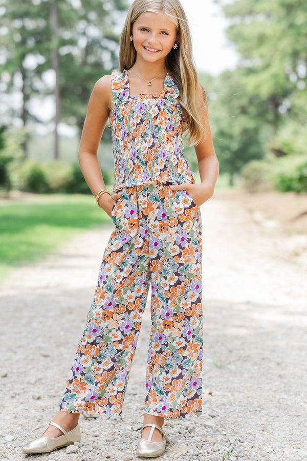 Girls: Little Trendsetter Brown Floral Smocked Jumpsuit